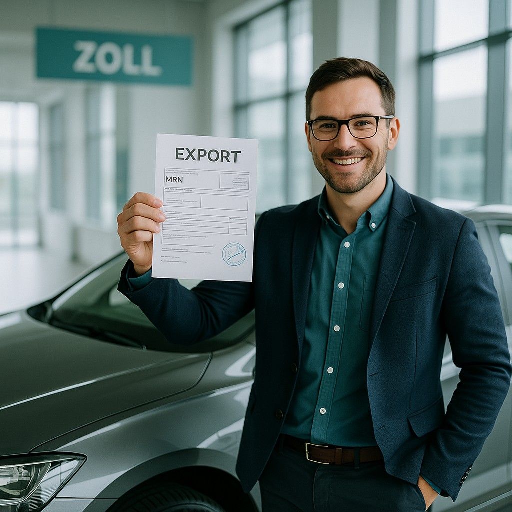 Smiling man in business attire standing in front of a car at a customs office, holding an export document with an MRN number - symbolizing the successful export registration of a vehicle.