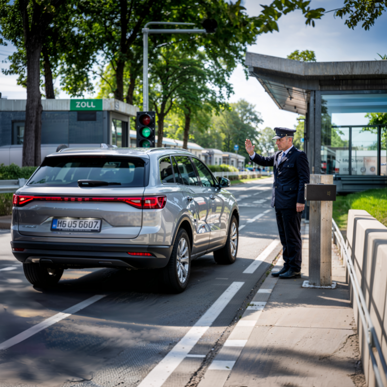 Silver SUV with German license plates being waved through an open customs gate by a uniformed officer - symbolizing smooth and successful vehicle export clearance.